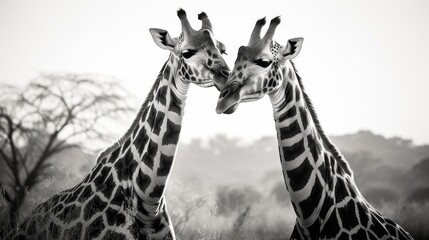 Two giraffes are standing close to each other, one of which is licking the other - obrazy, fototapety, plakaty