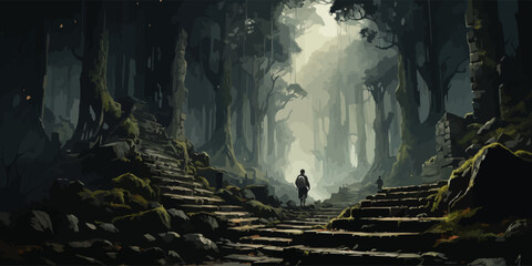 man climbing stone stairs in the mysterious forest, digital art style, illustration painting - obrazy, fototapety, plakaty