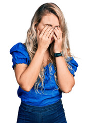 Young blonde woman wearing casual clothes rubbing eyes for fatigue and headache, sleepy and tired...