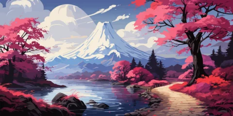Tuinposter a lakeside walkway with beautiful mountain scenery in the background in anime style vector flat bright colors © Coosh448