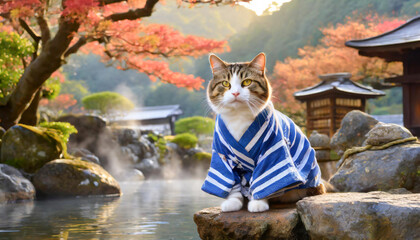 Obraz premium 紅葉シーズンの温泉と浴衣を着た看板猫