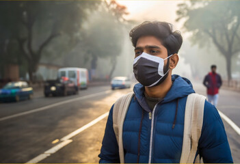 A man wearing mask due to air pollution in Delhi, India.	 - obrazy, fototapety, plakaty