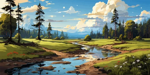 Deurstickers Vector landscape with a river among the forest vecto © Coosh448