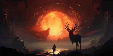 the man with a magic lantern facing the giant deer in a mysterious valley, digital art style, illustration painting