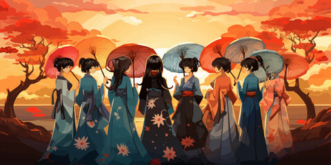 Group of anime manga girls in traditional Japanese kimono costume holding paper umbrella. vector