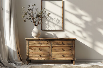 Vintage wooden chest of drawers with a porcelain vase, a dry branch and a poster on a white wall