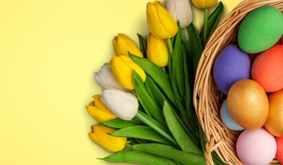 Easter Composition:  colorful eggs, fresh flowers