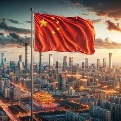 China flag waving above an urban landscape - obrazy, fototapety, plakaty