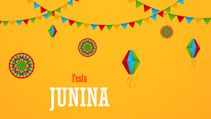 Festa Junina poster with paper lanterns and  paper garlands on yellow background, vector illustration