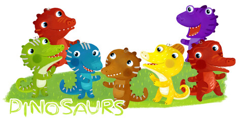 cartoon scene with dino dinosaurs or dragons friends playing having fun childhood on white background with space for text illustration for children - 767897629