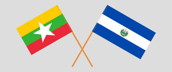 Crossed flags of Myanmar and El Salvador. Official colors. Correct proportion