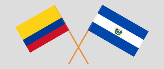 Crossed flags of Colombia and El Salvador. Official colors. Correct proportion