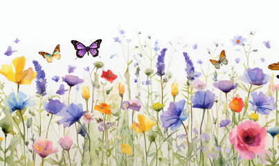 Watercolor floral seamless border Wildflowers: summer flower, blossom, poppies, chamomile, dandelions, cornflowers, lavender, violet, bluebell, clover, buttercup, butterfly. - obrazy, fototapety, plakaty