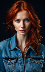 A woman with long red hair and blue eyes is wearing a denim jacket. She is wearing a necklace and has a red lip