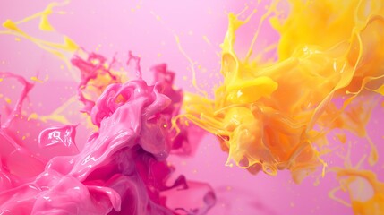 Fototapeta na wymiar Bright pink and yellow paint splashes collide on a vibrant background.