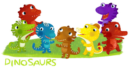 cartoon scene with dino dinosaurs or dragons friends playing having fun childhood on white background with space for text illustration for children - 767898293