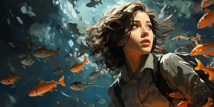 young woman diving with a school of fish in the sea, digital art style, illustration painting