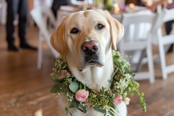Labrador Retriever Wearing a Floral Collar at a Wedding Venue