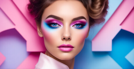 A woman with blue eyes and pink lips is wearing blue and pink makeup