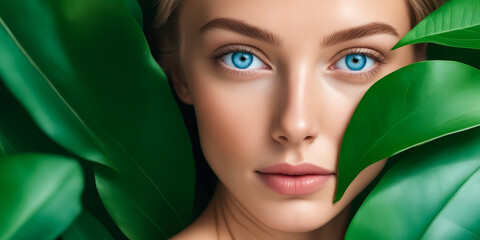 A woman with blue eyes and a pinkish tint to her lips is standing in front of green leaves - Powered by Adobe