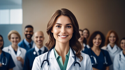 A group of people, including a woman in a white coat, are smiling for a photo. Scene is happy and friendly - obrazy, fototapety, plakaty