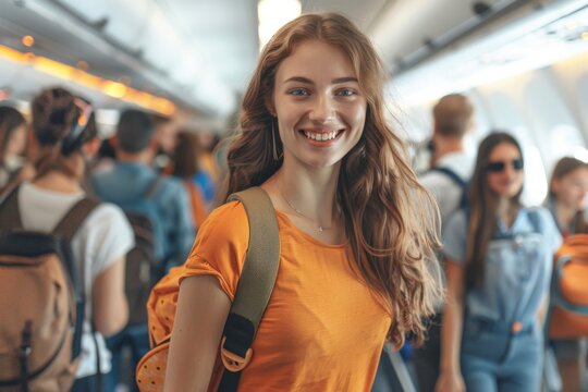 Close-up of young Caucasian woman with backpack standing in airplane aisle. Happy female traveler is about to place her hand luggage in overhead compartment of aircraft cabin.