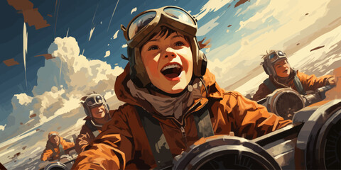 the boy flying in the sky with the planes, digital art style, illustration paintin