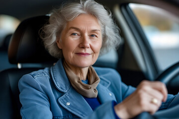 Elderly woman with white hair drives car. - obrazy, fototapety, plakaty
