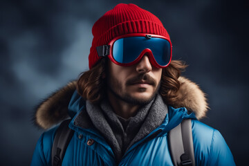 A man wearing a red hat and goggles stands in front of a dark background. He is a skier or snowboarder, ready to hit the slopes - Powered by Adobe