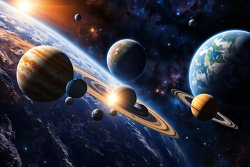 Numerous planets in outer space shining beautifully together