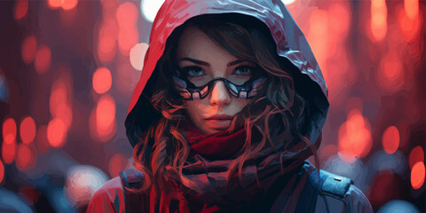 Obraz premium woman with futuristic mask standing in the cyberpunk city, digital art style, illustration painting