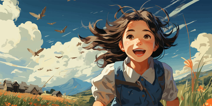 a Japanese school girl running happily home in the countryside and noticing a karasu is perching on the power wire vector