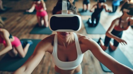 Woman using virtual reality headset in a fitness class.