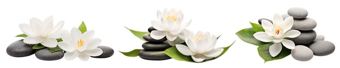 Fototapeta premium Set of tranquil spa stones and lotus blooms, cut out