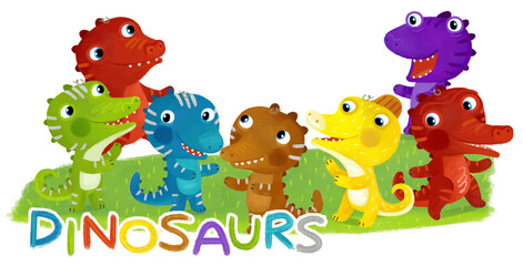 cartoon scene with dino dinosaurs or dragons friends playing having fun childhood on white background with space for text illustration for children - 767899286