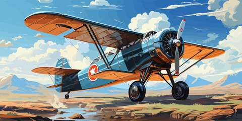 vector illustration of the clouds image with a biplane flying in the blue sky vector -