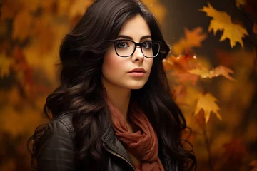 Fototapete Rund Attractive black hair woman wearing glasses against fall autumn ambience background, autumn scene, orange leaves © Daniel
