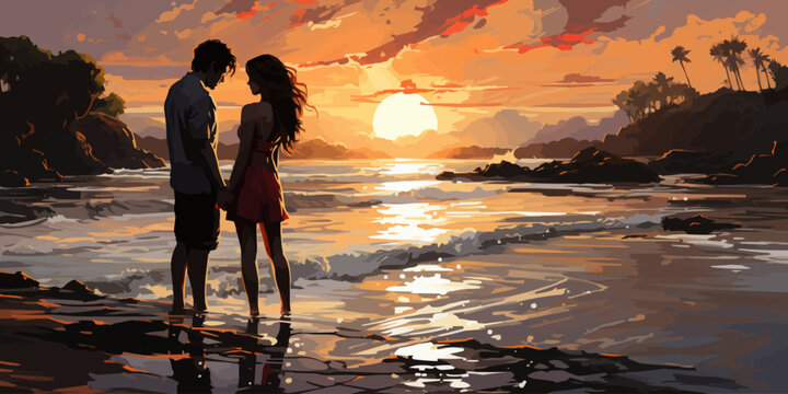 couples embracing each other in love on the beach , digital art style, illustration painting -