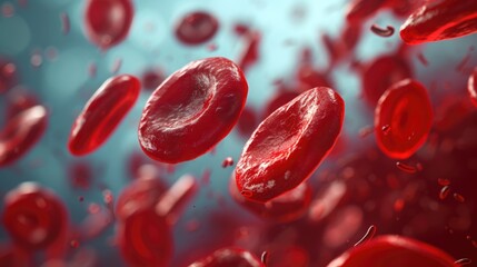 3D rendering of red blood cells on a blue background.