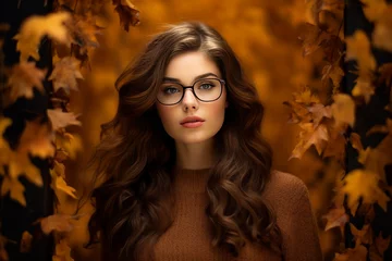 Schilderijen op glas Attractive brown hair woman wearing glasses against fall autumn ambience background, autumn scene, orange leaves © Daniel