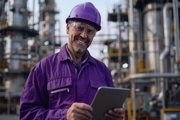 Portrait of smiling male refinery technician in uniform, safety hard hat and protective goggles. Mature Caucasian man uses a digital tablet to control settings of technological equipment.