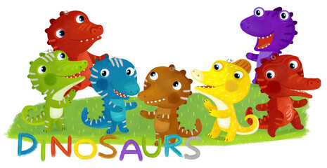 cartoon scene with dino dinosaurs or dragons friends playing having fun childhood on white background with space for text illustration for children - 767899602