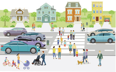 Obraz na płótnie Canvas Stadtsilhouette in einer Stadt und Menschen auf dem Bürgersteig, Illustration