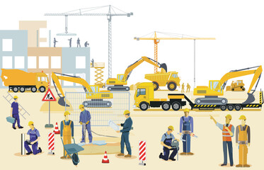 Handwerker mit Baumaschinen auf der Baustelle,  illustration