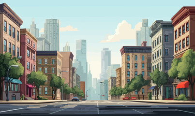 City street with set of buildings vector illustration - - obrazy, fototapety, plakaty