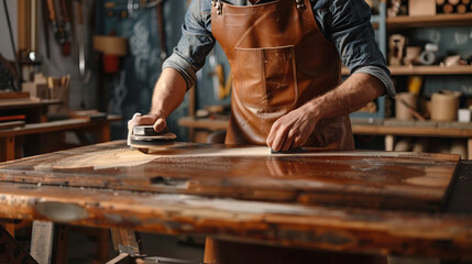 a man restores an antique table in the workshop, he grinds the countertop