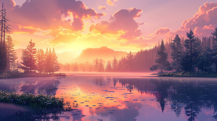 3d rendering of cartoon forest landscape Panorama of beautiful sunrise - obrazy, fototapety, plakaty