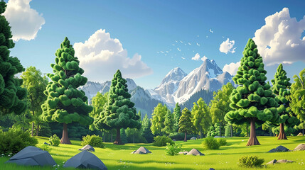 3d rendering of cartoon forest landscape with montains