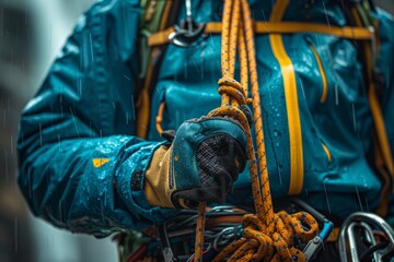 Fototapeta na wymiar Cropped close-up of industrial alpinist adjusting climbing gear, preparing safety ropes. Industrial climber in protective outwear and gloves works in any, even the most severe weather conditions.