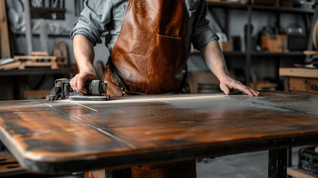 a man restores an antique table in the workshop, he grinds the countertop